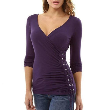 Lace Up Long Sleeve Sexy V Neck Slim Shirt Top Verkadi.com