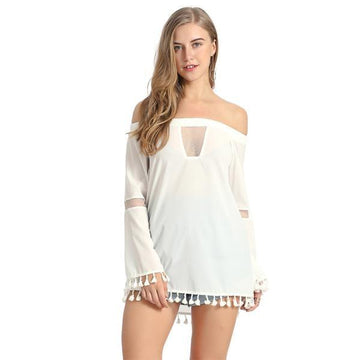 Sexy Off Shoulder Long Sleeve Splicing Tassel Top Verkadi.com