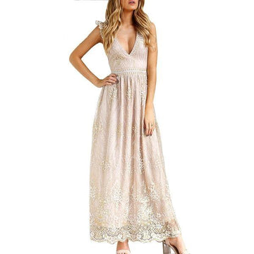 Sexy V Neck Mesh Sequins Long Backless Evening Dress Verkadi.com