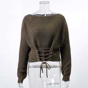 Designer Lace Up  Elastic Long Sleeve Knitted Top Blouse Verkadi.com