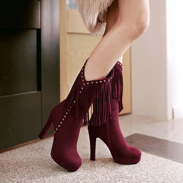 Sexy High Heels Mid Calf Fringe Tassels Riveted Flock Boots Verkadi.com
