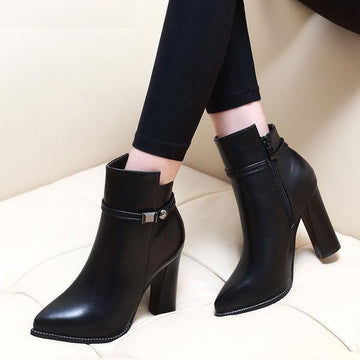 High Chunky Heel Pointed Toe Ankle Side Zipper Boots Verkadi.com