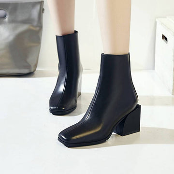 Euro Style Leather Square Toe High Heel Ankle Boots
