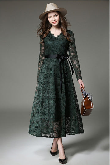 Lace A-Line V-Neck Long Sleeves Long Dress