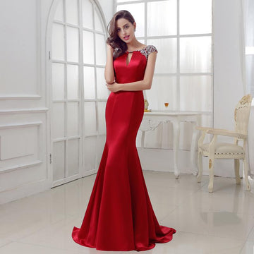 Burgundy Mermaid Long Satin Crystal Beads Dress Verkadi.com