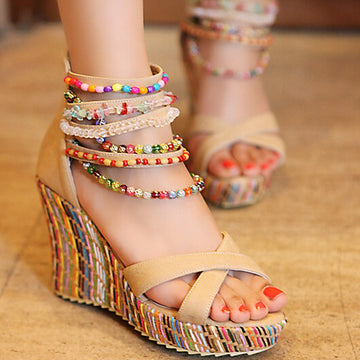 String Beading Bohemia Style Platform Wedge Heel Sandals