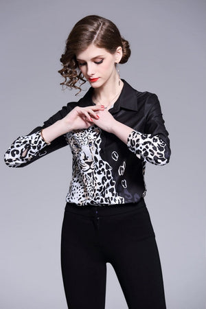 ong Sleeve Turn-Down Collar Slim Print Women's Shirt Blouse Top