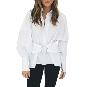 Trendy White Casual Belted Top Shirt Blouse Verkadi.com