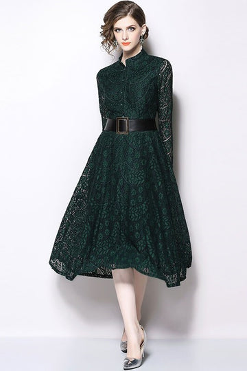 Lace Big Swing A-line Slim Mid-Calf Dress