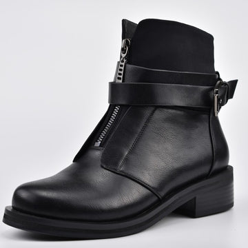 Stylish Buckle Strap Chunky Heel Front Zipper Women Ankle Boots