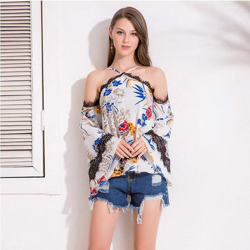 Floral Print Lace Tassel Off Shoulder Casual Top Blouse Verkadi.com