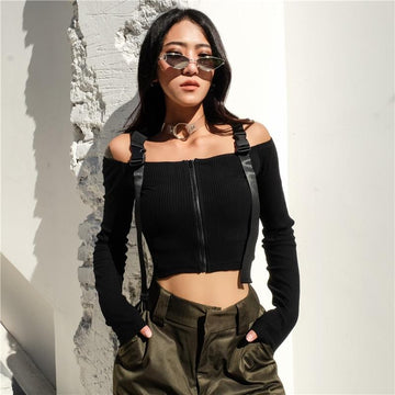 Sexy Hip Buckle Straps Off Shoulder Crop Top Sweatshirt Hoodie Verkadi.com