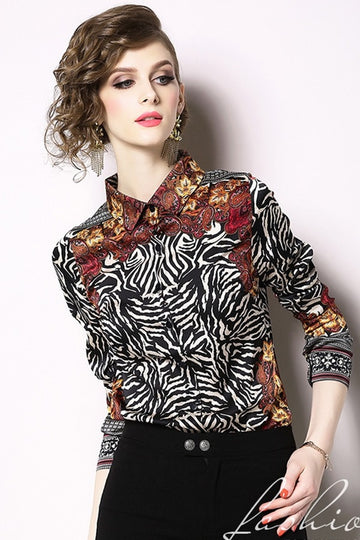 Vintage Long Sleeve  Printed Women Shirt Blouse Top