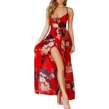 Red Floral Print Sexy Lace Up V Neck Maxi Backless Summer Dress Verkadi.com