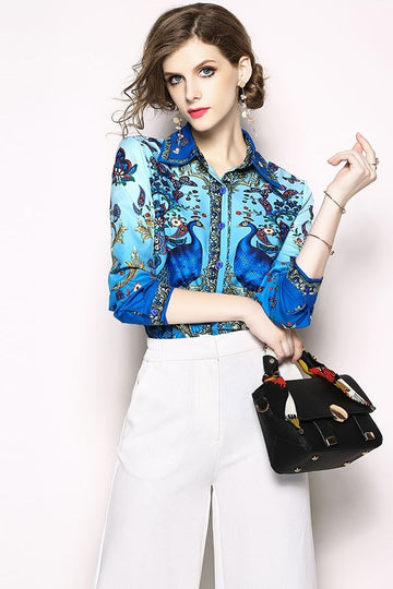 Vintage Print Turn-down Collar Women Shirt Blouse Top