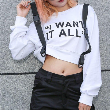 White Crop Top Long Sleeve Buckle Straps Hoodie Sweatshirt Verkadi.com