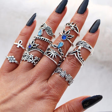 Retro Silver Lotus Blue Crystal Bohemian Midi Rings Set Verkadi.com