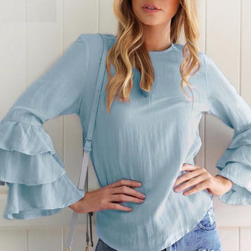 Elegant O-Neck Flounce Long Sleeve Loose Blouse Top Verkadi.com