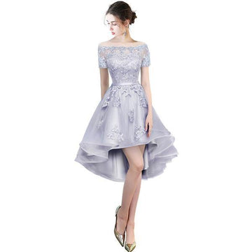 Sexy Boat Neck Short Sleeve Asymmetrical Prom Dress Verkadi.com