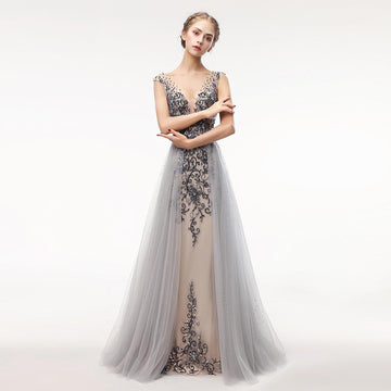 Beading Tulle Long V Neck Backless Evening Event Dress Verkadi.com