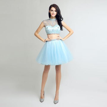 Sexy Sky Blue 2 Piece High Neck Tulle Knee Length Prom Dress Verkadi.com