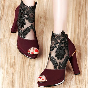 New High Heel Coarse Gauze Lace Fish Mouth Sandals Pumps