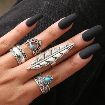 Retro Silver Rhinestone Midi Rings Set Metal Carving Knuckle