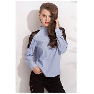 New Striped Lace Patchwork Stand Collar Top Blouse Verkadi.com