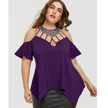 Cutout Bell Sleeve Sequined Casual Crew Neck Short Sleeves Top Blouse Verkadi.com