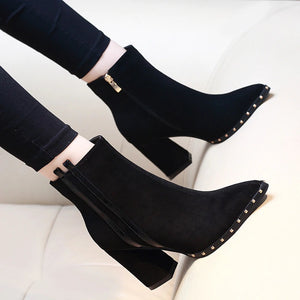 Stylish Pump Flock Square High Heels Riveted Ankle Boots
