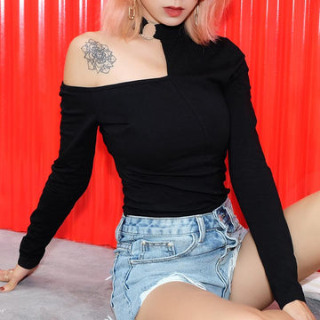 Sensual Look Long Sleeve Crop Top One Shoulder Top Sweatshirt Verkadi.com