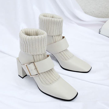 Genuine Leather Heels Retro Square Toe Mid Calf Boots