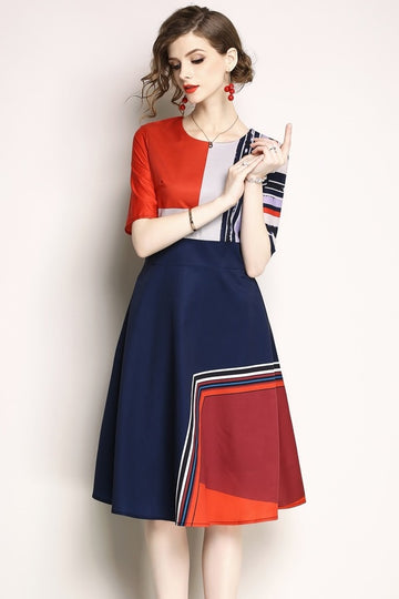 Printed Half Sleeve O-Neck A-Line Midi Dress