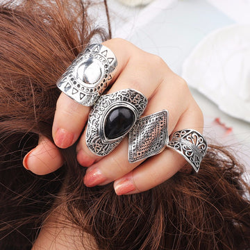 4 Piece Ring Set Vintage Turkish Beach Punk Resin Beads Ethnic Carved