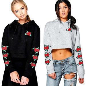 Crop Top Embroidery Rose Applique Hoodie Sweatshirt Verkadi.com