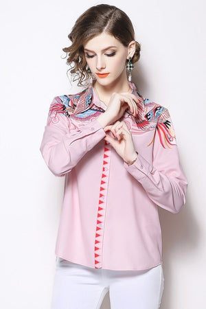 Turn-down Collar Pink Printed Women's Shirt Blouse Top