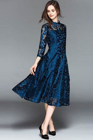 Vintage Style A-Line Big Swing Lace Mid-Calf Dress