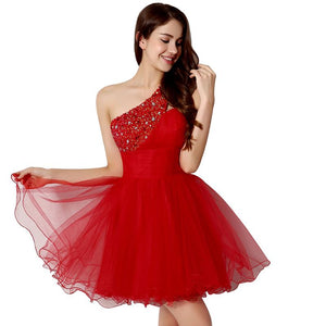 One Shoulder Short Crystal Beading Red Tulle Party Prom Dress Verkadi.com