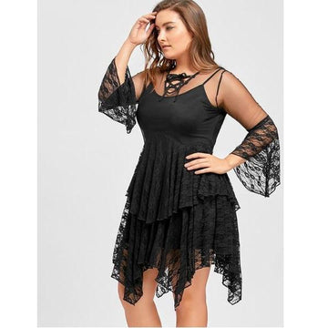 Sexy Sheer Ruffles Tiered Lace Hollow Out Vintage Gothic Dress Verkadi.com