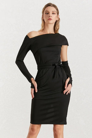 Slash Neck Long Sleeve Hollow Out Lace Up Slim Evening Party Dress