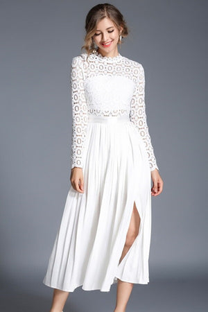 Vintage Design White Lace Pleated Mid-Calf Dress