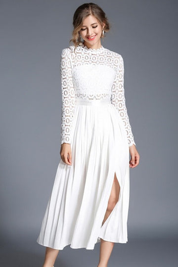 Vintage Design White Lace Pleated Mid-Calf Dress