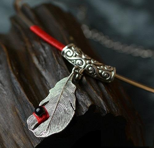 Silver Feather Red Silk Lines Chokers Necklace Verkadi.com