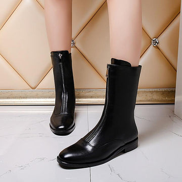 Top Quality Genuine Leather Square Heel Mid Calf Boots