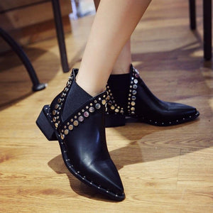 Pointed Toe Black Ankle Riveted High Street Style Boots Verkadi.com