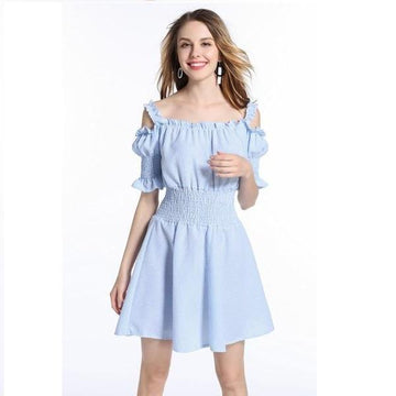 Sexy Slash Neck Ruffles Puff Sleeve Style Casual Summer Dress verkadi.com