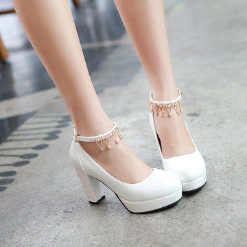 Elegant Rhinestone Chunky Heel Tassel Ankle Strap Pumps Shoes