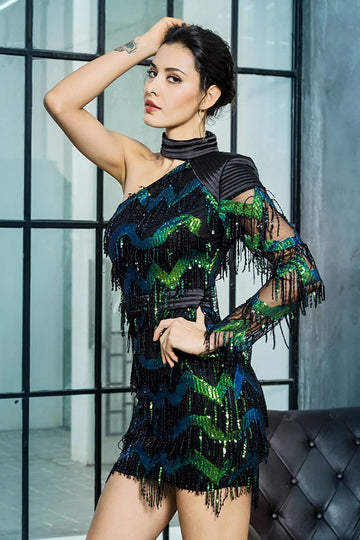Chic V-Neck Tassel Open Back Lace Beading Party Mini Dress