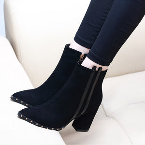 Stylish Pump Flock Square High Heels Riveted Ankle Boots