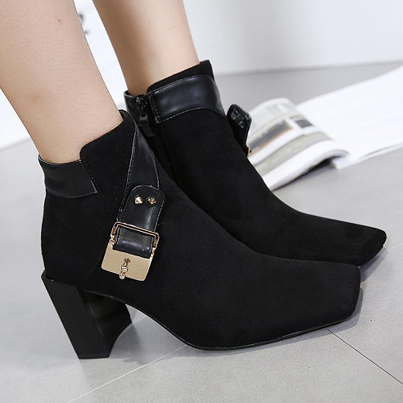 Hot Suede Leather Square Toe Chunky High Heel Ankle Boots verkadi.com